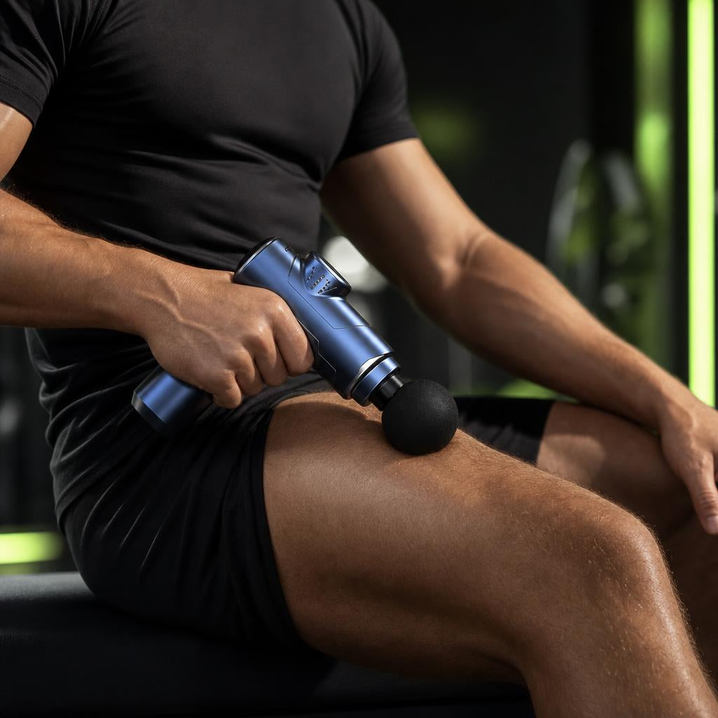 Pistola de masaje muscular en uso sobre la pierna